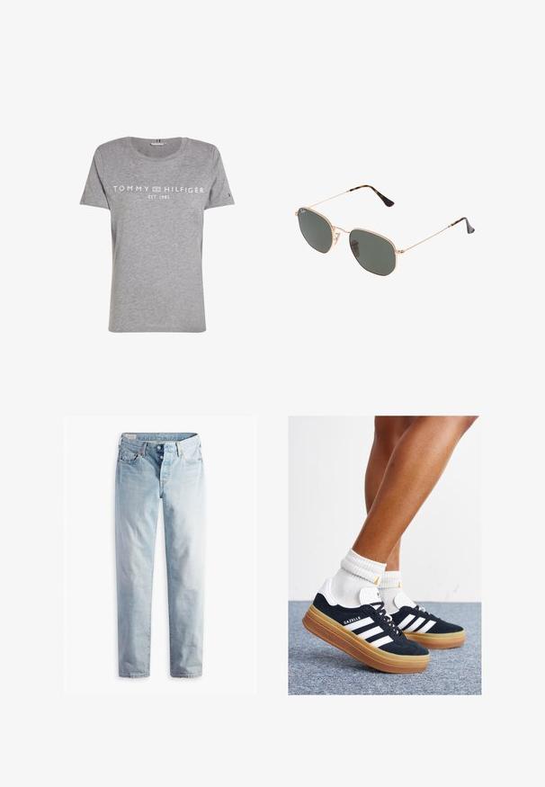 Grå kavaj med slag, två framfickor och två knappar. Slät tyg med en subtil vävstruktur, strukturerad passform och långärmade.; Grå bomullströja med korta ärmar och rund hals, med "TOMMY HILFIGER EST. 1985" logotyp i vitt tvärs över bröstet.; Ljusblå denimjeans med raka ben, två framfickor och två bakfickor. Inkluderar en tvåknappsgylf och diskret sömnad.; Svarta sneakers i mocka med vita ränder och detaljer, rundad tå, yttersula i gummiblandning, kombinerade med vita ribbade crew-strumpor.; Guldmetallramda solglasögon med mörkgröna linser, pilotstil, med smala armfästen och sköldpaddsmönstra detaljer på spetsarna.; Brun totesäck gjord av slät material, med en stor framficka, två handtag och en förenklad, strukturerad design.