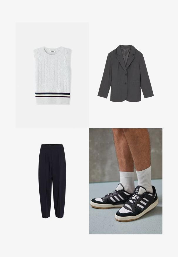 Grijze blazer met geplooide revers, twee voorzakken en twee knopen. Gladde stof met een subtiel geweven patroon, gestructureerde pasvorm en lange mouwen.; Lichtgrijze mouwloze trui met een kabelpatroon en een gestreepte geribde zoom in marineblauw, groen en crèmewit. Zachte textuur.; Marineblauwe broek met een hoge taille, voorzien van voorplooien en een tapse pasvorm. Gemaakt van een soepele stof zonder zichtbare hardware of patronen.; Zwart-witte sneakers met een bovenwerk van suede en leer, voorzien van drie witte strepen, een geperforeerde neus en een rubberen gumzool.