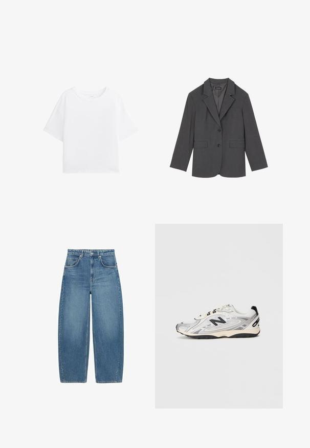 Siv blazer z oštrim reverjem, dvema sprednjima žepoma in dvema gumboma. Gladka tkanina z subtilnim vzorcem, strukturirana oblika in dolgi rokavi.; Bela kratka majica s kratkimi rokavi in okroglo ovratnikom, narejena iz gladkega blaga. Ohlapen kroj in preprost dizajn brez vzorcev ali dodatnih podrobnosti.; Modri visok pas širokokužne kavbojke s sprednjimi žepi in gumbom, prikazane na belem ozadju.; Sive in bele športne čevlje z zaobljenim prstom, iz mrežaste in sintetične snovi, črnimi poudarki in texturirano gumijasto podplatom.