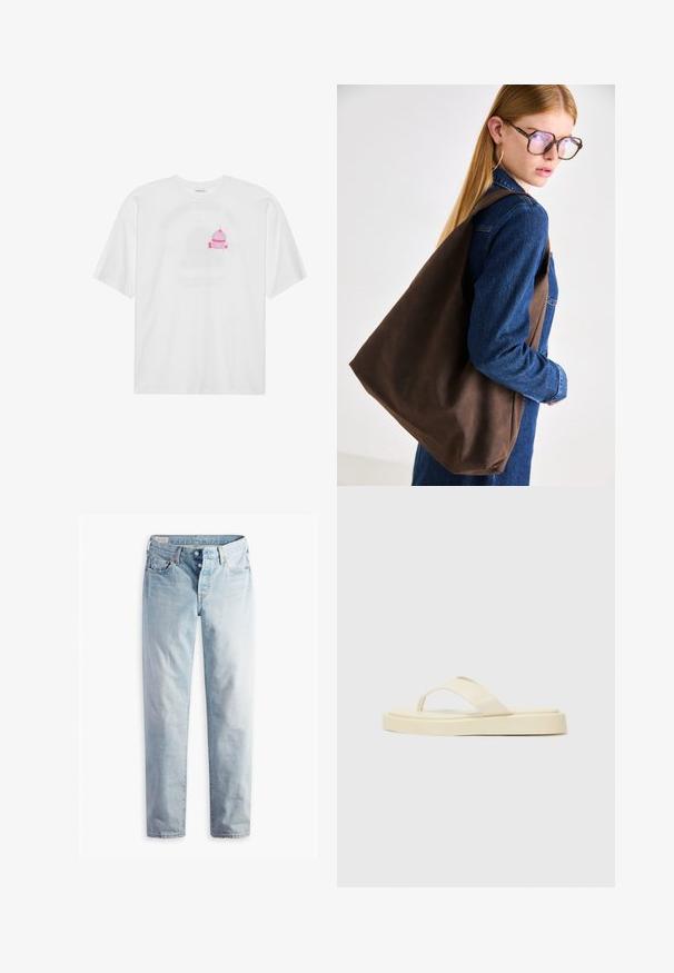 Sacou gri cu rever clasic, două buzunare frontale și două butoane. Material neted cu un model de țesătură subtil, croială structurată și mâneci lungi.; Tricou alb din bumbac cu un grafic centralizat al unui cupcake roz cu o cireșă deasupra. Mâneci scurte și croială lejeră.; Jeans din denim de culoare albastru deschis, cu croială dreaptă, două buzunare frontale și două buzunare spate. Include un sistem de închidere cu două butoane și coasere subtile.; Sandale plate tip flip-flop de culoare galben deschis. Realizate din cauciuc neted, cu două bretele diagonale și o talpă groasă pentru confort și durabilitate.; Geantă tote din piele maro cu o textură moale, având un design spațios și o singură curea. Purtați-o cu o jachetă din denim albastru.
