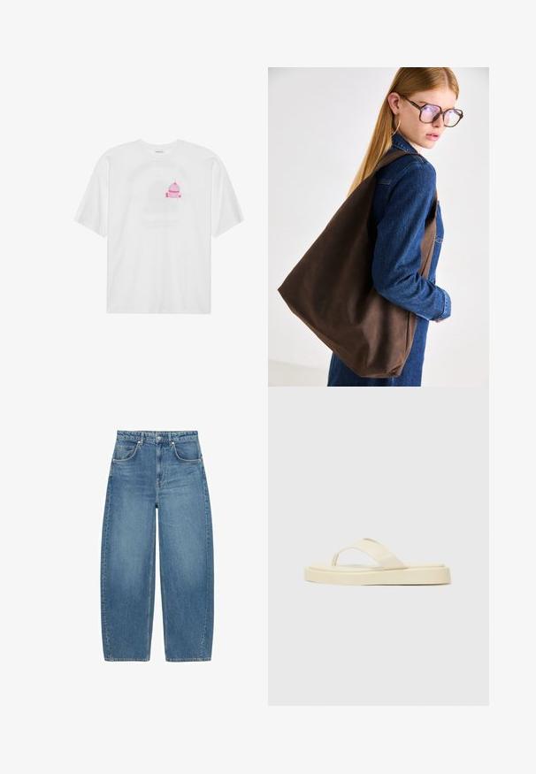 Siv blazer z oštrim reverjem, dvema sprednjima žepoma in dvema gumboma. Gladka tkanina z subtilnim vzorcem, strukturirana oblika in dolgi rokavi.; Bela bombažna majica s sredinskim roza grafikom kolačka z višnjo na vrhu. Kratki rokavi in sproščen kroj.; Modri visok pas širokokužne kavbojke s sprednjimi žepi in gumbom, prikazane na belem ozadju.; Ravne japonke v svetlo rumeni barvi. Narejene iz gladkega kavčuka z dvema diagonalnima trakova in debelim podplatom za udobje in trajnost.; Rjava usnjena torba z mehkimi teksturami, ki ima prostorno zasnovo in enojno naramnico. Oblečena z modrim jeans jopičem.