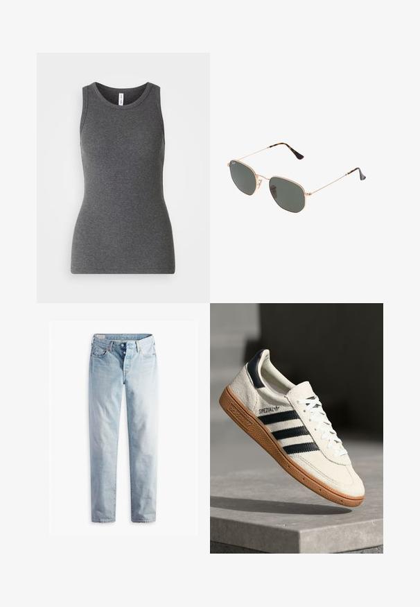 Blazer grigio con rever a punta, due tasche frontali e due bottoni. Tessuto liscio con un delicato motivo a trama, vestibilità strutturata e maniche lunghe.; Canottiera grigia senza maniche realizzata in materiale a costine; presenta un collo rotondo e un design aderente. Nessun motivo o accentuazione aggiuntiva.; Jeans in denim blu chiaro con taglio dritto, due tasche frontali e due tasche posteriori. Include una chiusura a due bottoni e cuciture sottili.; Sneaker bianca in suede con strisce blu navy, suola in gomma, parte superiore testurizzata, punta rotonda e lacci; presenta un marchio sul lato e sulla linguetta.; Occhiali da sole con montatura in metallo dorato e lenti verde scuro, stile aviator, con aste sottili e dettagli in tartaruga sulle punte.; Borsa a spalla in suede marrone con una forma curvata, cuciture a contrasto, dettagli in metallo dorato e una tasca frontale con zip.