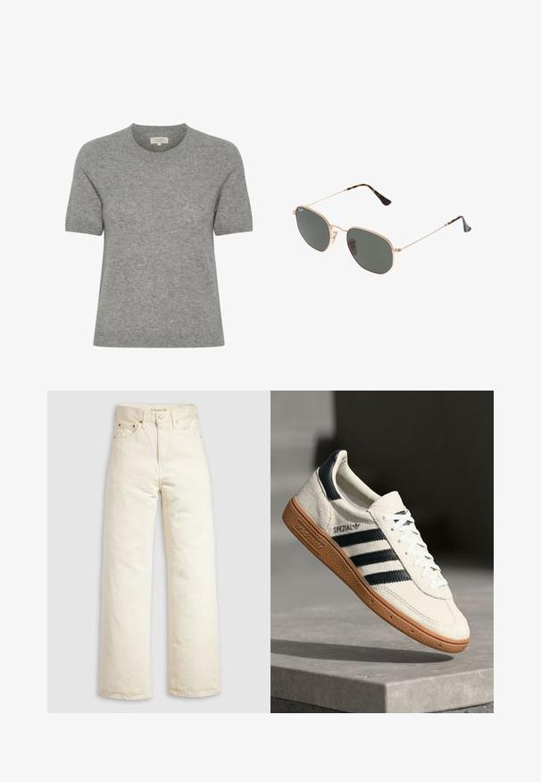 Gray blazer with notched lapels, two front pockets, and two buttons. Smooth fabric with a subtle weave pattern, structured fit, and long sleeves.; Gray short-sleeve sweater made of soft knit material with a round neckline and minimalistic design. Seamless, clean edges for a sleek look.; Wide-leg jeans in off-white denim, featuring a high waist, copper rivets, and classic five-pocket design. Textured fabric with clean hems.; White suede sneaker with navy stripes, rubber gum sole, textured upper, round toe, and lacing; features branding on the side and tongue.; Gold metal-frame sunglasses with dark green lenses, aviator style, featuring slim arms and tortoiseshell accents on the tips.; Black quilted faux leather bag with a chain strap, featuring a hexagonal pattern and a decorative wing detail on the front.