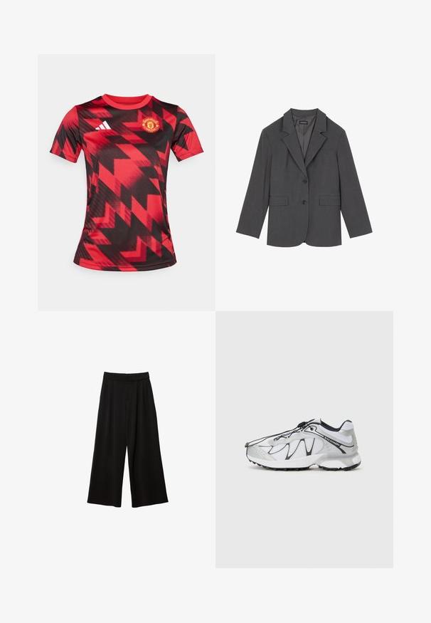 Grå blazer med noterede klapper, to frontlommer og to knapper. Glat stof med et subtilt vævemønster, struktureret pasform og lange ærmer.; Rød og sort kortærmet fodboldsjakke med geometrisk print, udstyret med Manchester United-logoet på venstre bryst og et Adidas-logo på højre.; Sorte bredde-bukser med høj talje, der har læg, en glat tekstur, og uden synlige lommer eller pynt.; Hvide sportsko med en mesh-overdel, sorte accenter, tekstureret gummisål og elastisk snøringssystem. Letvægtig med et moderne design.