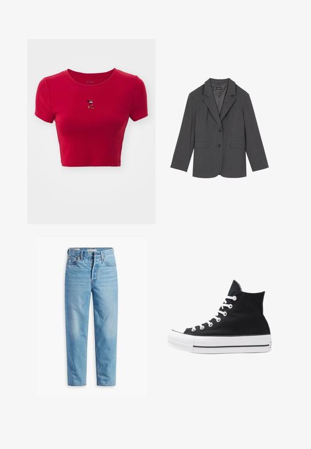 Szürke blézer, rugós hajtókákkal, két elülső zsebbel és két gombbal. Simább anyag finom szövési mintával, struktúrált fazon, hosszú ujjakkal.; GAP TEE - Nyomott mintás póló - red; Világoskék farmernadrág magas derekú, egyenes szárú kialakítással, öt zsebes dizájnnal és gombos záródással. Jellemzője a látható varrás és fém kiegészítők.; Fekete vászon magas szárú sneaker, fehér fűzőkkel és gumitalppal. Texturált orr-rész és fekete-fehér csíkos kiegészítők jellemzik.