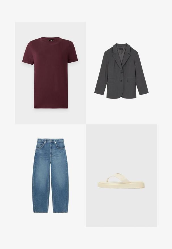 Szary żakiet z klapami, dwoma przednimi kieszeniami i dwoma guzikami. Gładki materiał z delikatnym wzorem tkanym, dopasowany krój i długie rękawy.; Bordowa koszulka z miękkiej bawełny, z okrągłym dekoltem, krótkimi rękawami oraz luźnym krojem, o gładkiej fakturze i bez widocznych wzorów.; Niebieskie dżinsy z wysokim stanem, szerokie nogawki, z przednimi kieszeniami i zapięciem na guzik, wyeksponowane na białym tle.; Płaskie klapki w jasnym żółtym kolorze. Wykonane z gładkiej gumy z dwoma ukośnymi paskami i grubą podeszwą dla komfortu i trwałości.
