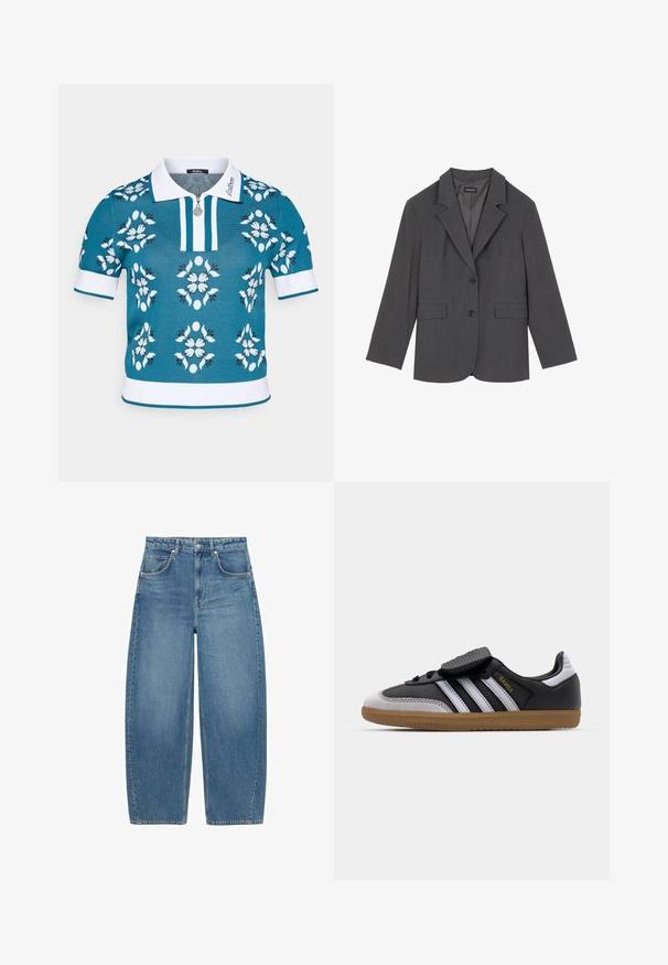 Šedý blazer s klopami, dvěma předními kapsami a dvěma knoflíky. Hladká látka s jemným tkaným vzorem, strukturovaný střih a dlouhé rukávy.; Tyrkysový pletený polo shirt s bílými akcenty, přední zip, a květinovým vzorem v bílé, světle modré a černé. Krátké rukávy s žebrovanými manžetami.; Modré vysoké široké džíny s předními kapsami a zapínáním na knoflík, vystavené v ploché poloze na bílém pozadí.; Černé kožené a šedé semišové tenisky s bílými pruhy, gumovou podrážkou, šněrováním v přední části a suchým zipem. Značka "Samba" v zlaté barvě.