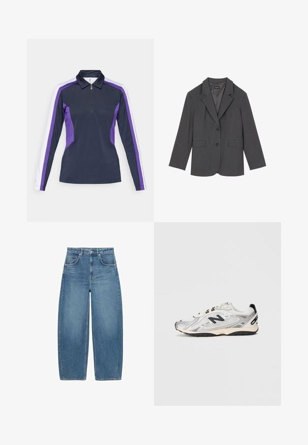 Siv blazer z oštrim reverjem, dvema sprednjima žepoma in dvema gumboma. Gladka tkanina z subtilnim vzorcem, strukturirana oblika in dolgi rokavi.; Polo majica z dolgimi rokavi v temno modri barvi s purpurnimi in belimi stranskimi paneli, z zip ovratnikom in športnim, prilegajočim dizajnom. Gladka tekstura tkanine.; Modri visok pas širokokužne kavbojke s sprednjimi žepi in gumbom, prikazane na belem ozadju.; Sive in bele športne čevlje z zaobljenim prstom, iz mrežaste in sintetične snovi, črnimi poudarki in texturirano gumijasto podplatom.