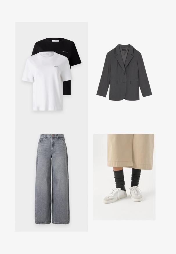 Harmaan takin, jossa on taitetut kaulukset, kaksi etutaskua ja kaksi nappia. Silkkinen kangas, jossa on hienovarainen kudontamalli, jämäkkä istuvuus ja pitkät hihat.; Kaksi lyhythihaista t-paitaa mustana ja valkoisena, valmistettu puuvillasta. Molemmissa on pyöreä kaula-aukko ja pieni "SELECTED"-logo rinnassa.; Suurenevat lahkeudega teksased hallis pleekinud toonis, viie tasku, nööbivarrukate ja pehme tekstuuriga, millel on peened kulumise detailid.; Valkeat ja harmaat tennarit mustalla kantapääkorostuksella, joissa on sileä nahkaosa ja teksturoitu mokkanokka. Yhdistetty tummanharmaisiin löysiin sukkiin.