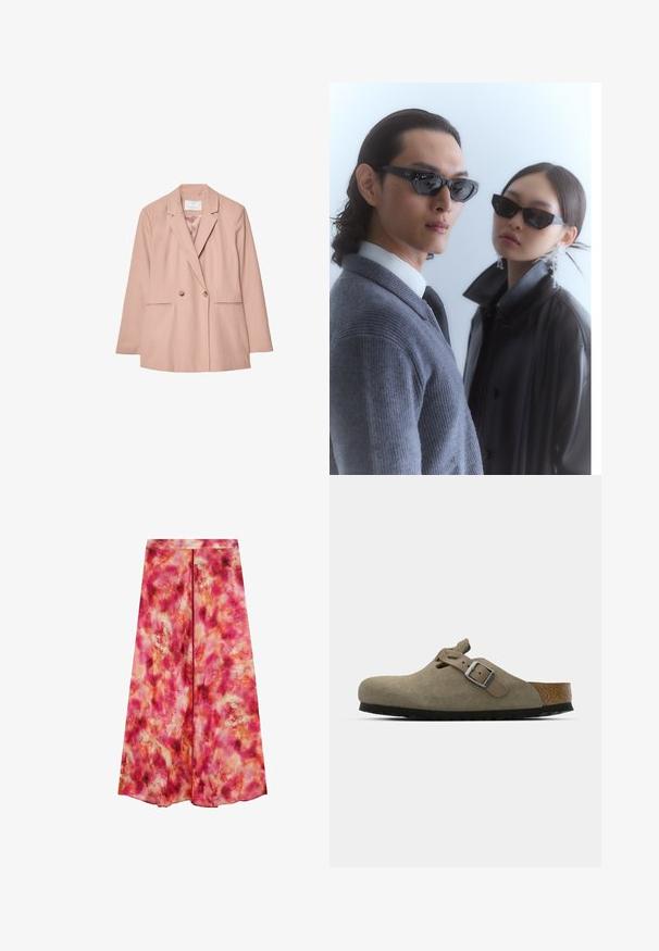 Blazer rosa a doppio petto con rever, due tasche frontali e due bottoni. Tessuto liscio con una vestibilità su misura.; Maglietta bianca a maniche corte con collo rotondo, vestibilità rilassata, realizzata in morbido tessuto di cotone. Texture liscia, senza motivi né loghi.; Gonna lunga di un vivace rosa con un motivo astratto, simile a un acquerello. Realizzata in tessuto leggero. Presenta un taglio dritto e una vita nascosta.; Zoccoli in suede di un verde oliva chiaro con una soletta in sughero e gomma sagomata. Presentano una cinghia laterale con fibbia metallica e una punta arrotondata.; Occhiali da sole con montatura nera angolare indossati da un modello con un maglione grigio, che mette in mostra un tessuto a maglia testurizzato e una giacca di pelle nera indossata da un altro modello.