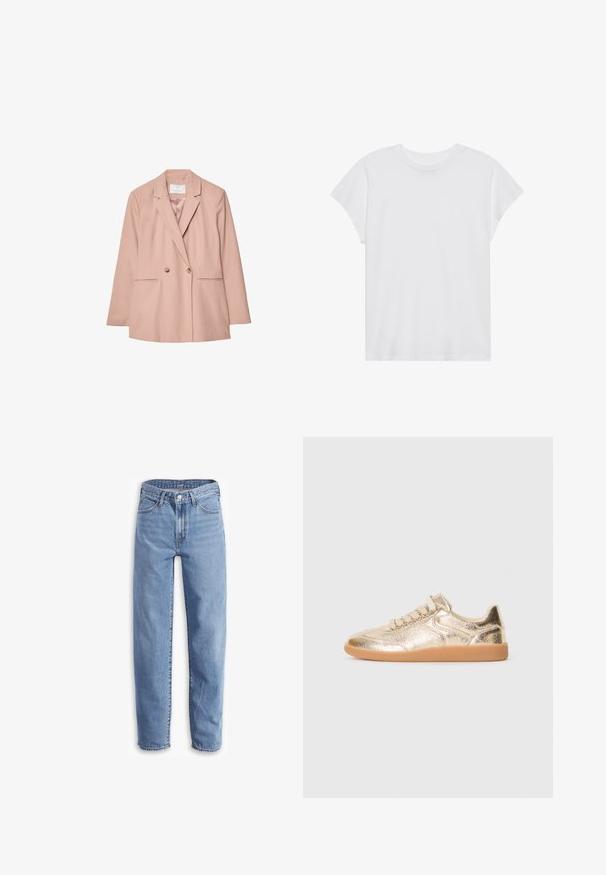 Roza dvobarvna blazer jakna z izrezanimi reverji, dvema sprednjima žepoma in dvema gumboma. Gladek material s prilegajočim krojem.; Bela kratka majica s kratkimi rokavi in okroglim izrezom, sproščenega kroja, izdelana iz mehkega bombažnega materiala. Gladka tekstura, brez vzorcev ali logotipov.; Svetlo modri traper hlače, sproščenega kroja, ravne nogavice, z načrtovanjem petih žepov in raztrganimi robovi za sproščen videz.; Nizka športna obutev z metalnim zlatim teksturiranim zgornjim delom, bež vezalkami in gumijastim podplatom, prikazana s zunanje strani na belem ozadju.