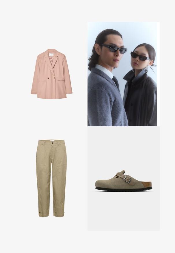 Ružičasti sako s dvostrukim kopčanjem i reverima, s dva prednja džepa i dva gumba. Glatka tkanina s prilagođenim krojem.; Bijela majica kratkih rukava s okruglim izrezom, opuštenog kroja, izrađena od mekanog pamučnog materijala. Glatka tekstura, bez uzoraka ili logotipa.; Beige, lagane hlače ravnog kroja, s bočnim džepovima i gumbima na rubu za prilagodljivost i stil.; Svetlosmeđe suede klompe s oblikovanim plitkim i gumenim đonom. Imaju bočnu traku s metalnom kopčom i zaobljenim prstima.; Naočale s anguliranim crnim okvirom na modelu u sivoj dukserici, koja prikazuje teksturirano pletenje, i crna kožna jakna koju nosi drugi model.
