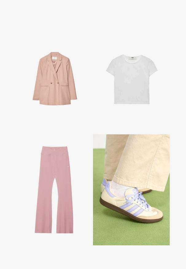 Vaaleanpunainen kaksirivinen bleiseri, jossa on lovetut kaulukset, kaksi etutaskua ja kaksi nappia. Sujuva kangas ja muotoiltu leikkaus.; Lyhythemmtä, pyöreäkauluksista valkoista t-paitaa, joka on valmistettu pehmeästä puuvillasta. Paidassa on yksinkertainen, selkeä muotoilu ilman näkyviä kuvioita tai korostuksia.; Vaaleanpunaiset ribbileggingsit, joissa on leveä vyötiö, risti-muotoilu ja vahvistetut saumat jaloissa kestävyys. ; Kermasilta ja laventelilta näyttävät lenkkarit kolmella raidalla ja teksturoidulla ruskealla pohjalla, varustettuna nauhoilla ja pehmustetulla kantapäällä. Pehmeä kangaspinta.