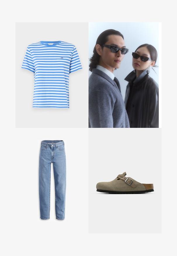 Růžový dvouřadý blazer s klopami, dvěma předními kapsami a dvěma knoflíky. Hladká tkanina s přizpůsobeným střihem.; Modrá a bílá pruhovaná tričko s krátkým rukávem vyrobené z bavlny, s kulatým výstřihem a malým vyšívaným logem na hrudi.; Světle modré džíny vyrobené z denimu, s uvolněným střihem, rovnými nohavicemi, pěti kapsami a roztrhanými lemy pro neformální vzhled.; Semišové dřeváky ve světle olivové barvě s vytvarovanou korkovou a gumovou podrážkou. Obsahují boční pásek s kovovou sponou a zaoblenou špičku.; Sluneční brýle s úhlovými černými rámy na modelce v šedém svetr, který ukazuje texturovaný pletený vzor, a černou koženou bundu, kterou nosí jiný model.