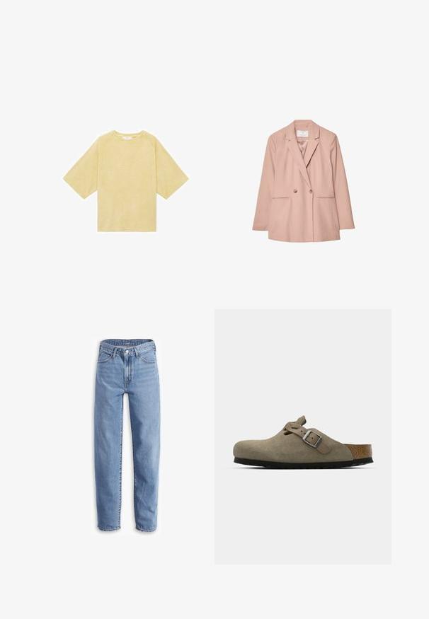 Rosa zweireihiger Blazer mit Reverskragen, zwei vorderen Taschen und zwei Knöpfen. Glatter Stoff mit taillierter Passform.; Gelbes, übergroßes T-Shirt mit Raglanärmel, aus weichem Material; verfügt über einen runden Halsausschnitt und ein einfaches, nahtloses Design.; Helle blaue Jeans aus Denim, mit entspannter Passform, geradem Bein, Fünf-Taschen-Design und ausgefransten Säumen für einen lässigen Look.; Wildleder-Clogs in hellolivgrün mit einer geformten Kork- und Gummisohle. Verfügt über einen Seitenriemen mit einer metallischen Schnalle und einer abgerundeten Zehenpartie.