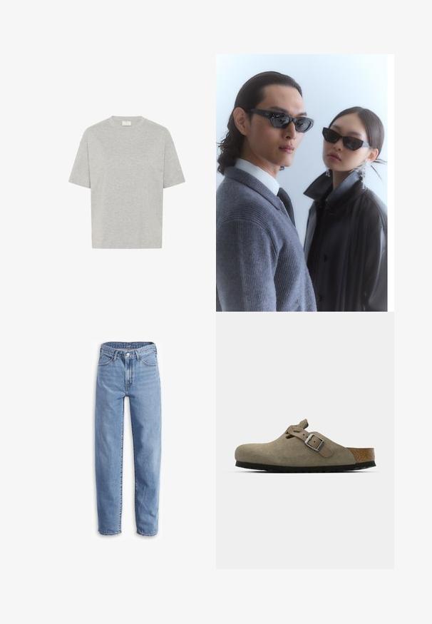 Růžový dvouřadý blazer s klopami, dvěma předními kapsami a dvěma knoflíky. Hladká tkanina s přizpůsobeným střihem.; Kaffe TOMINA - Jednoduché tričko - grey melange; Světle modré džíny vyrobené z denimu, s uvolněným střihem, rovnými nohavicemi, pěti kapsami a roztrhanými lemy pro neformální vzhled.; Semišové dřeváky ve světle olivové barvě s vytvarovanou korkovou a gumovou podrážkou. Obsahují boční pásek s kovovou sponou a zaoblenou špičku.; Sluneční brýle s úhlovými černými rámy na modelce v šedém svetr, který ukazuje texturovaný pletený vzor, a černou koženou bundu, kterou nosí jiný model.