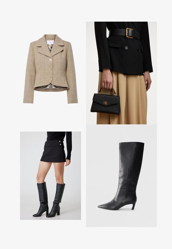 Beige Hahnentritt-Blazer mit Reverskragen, fünf Knöpfen und einem asymmetrischen Saum. Gefüttert mit einem glatten, neutralfarbenen Stoff.; Cremefarbene Strickjacke mit hohem Kragen und Zopfmuster. Mit langen Ärmeln sowie gerippten Bündchen und Saum.; Schwarzer Minirock mit umschlagbarem Bund und silbernen Knöpfen, kombiniert mit knielangen schwarzen Lederstiefeln mit dicker Sohle.; Schwarzer Lederstiefel bis zum Knie mit spitzer Zehenform, strukturiertem Design und einem moderaten Absatz. Glatte Textur, minimale Nähte.; Schwarze strukturierte Handtasche mit strukturierter Oberfläche, goldenen Beschlägen und einem oberen Griff. Getragen mit einem schwarzen Blazer und einem beigen Rock.