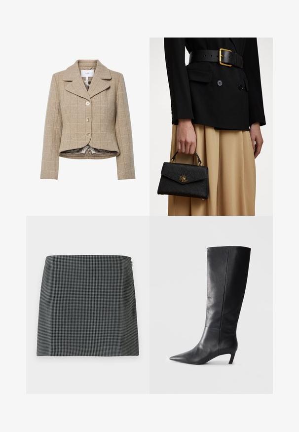 Blazer houndstooth beige con colletto a punta, cinque bottoni e orlo asimmetrico. Foderato con un tessuto liscio di colore neutro.; Maglione lavorato a maglia color crema con collo alto e dettagli a treccia. Presenta maniche lunghe e polsini e orlo a coste.; Gonna a scacchi bianca e nera realizzata in un tessuto con una texture liscia. Presenta una silhouette dritta e una chiusura con cerniera laterale.; Stivale alto in pelle nera con punta affilata, design strutturato e tacco modesto. Texture liscia, dettagli di cucitura minimi.; Borsa a tracolla nera strutturata con finitura testurizzata, accessori dorati e manico superiore. Indossata con un blazer nero e una gonna beige.