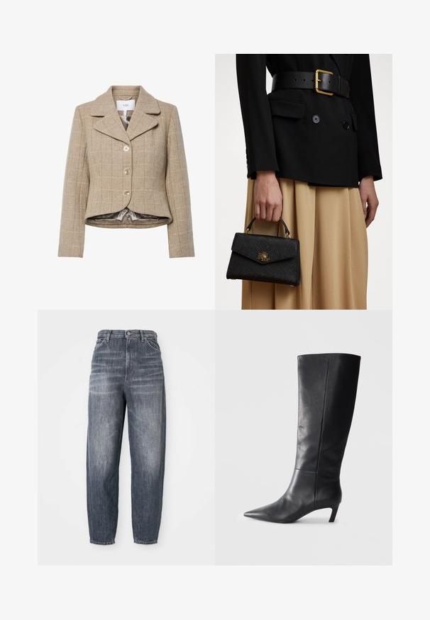Beige hundtann-blazer med notched krage, fem knapper og høy-lav kant. Fôret med et glatt, nøytralt farget stoff.; Kremfarget strikket genser med høy hals og kabelmønsterdetaljer. Har lange ermer og ribbestrikkede mansjetter og nederkant.; Mørkeblå jeans laget av denim, med en løs passform, rett ben design, og subtil falming. Standard fem-lommers stil med knappelukking.; Sorte skinnhøye støvler med spiss tå, strukturert design og en beskjeden hæl. Glatt tekstur, minimale sømdetaljer.; Svart strukturert håndveske med teksturert overflate, gullbeslag og topphåndtak. Bært med en svart blazer og beige skjørt.
