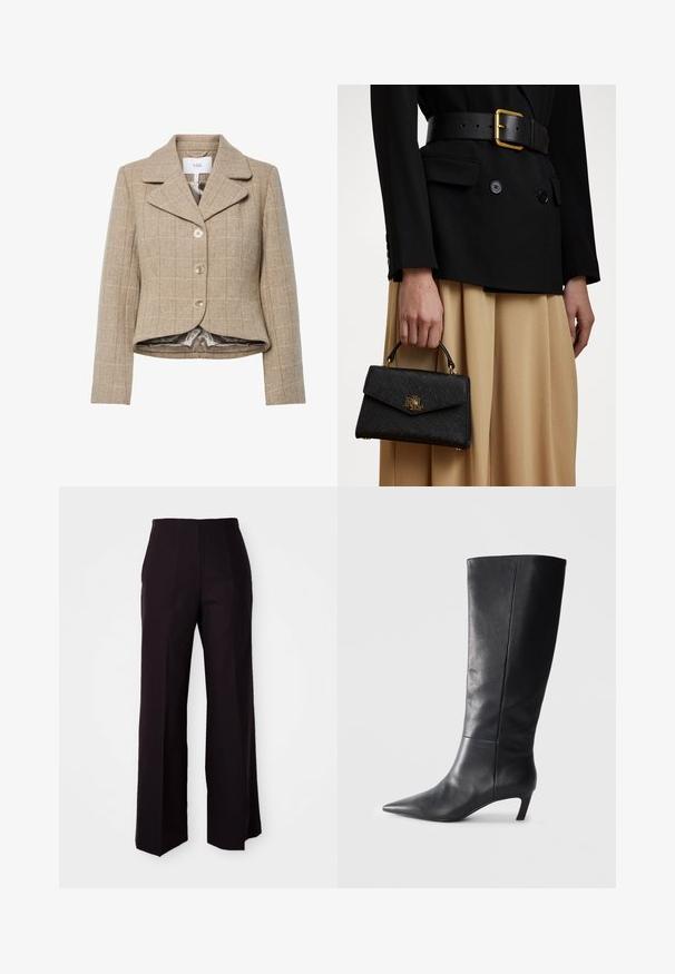 Beige hundtann-blazer med notched krage, fem knapper og høy-lav kant. Fôret med et glatt, nøytralt farget stoff.; Kremfarget strikket genser med høy hals og kabelmønsterdetaljer. Har lange ermer og ribbestrikkede mansjetter og nederkant.; Sorte vide bukser med høj talje, der har en glat tekstur og subtile forskydninger foran, skræddersyet til en struktureret pasform.; Sorte skinnhøye støvler med spiss tå, strukturert design og en beskjeden hæl. Glatt tekstur, minimale sømdetaljer.; Svart strukturert håndveske med teksturert overflate, gullbeslag og topphåndtak. Bært med en svart blazer og beige skjørt.