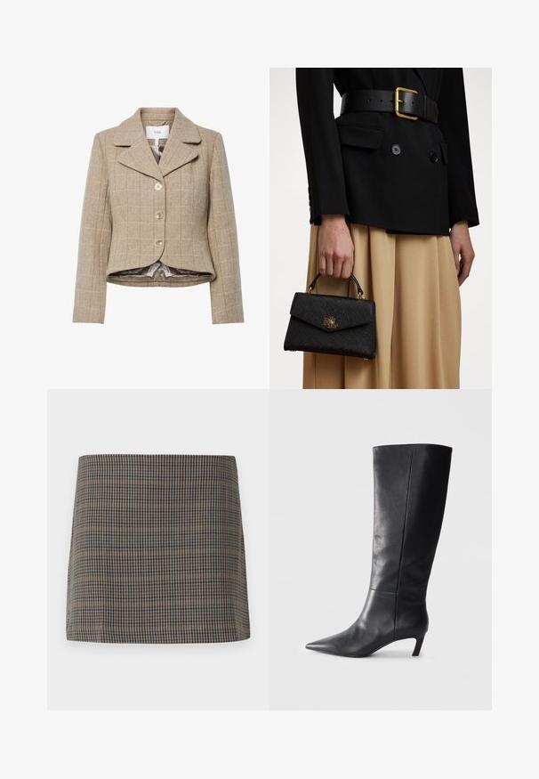 Beżowa marynarka w wzór houndstooth z wycięciem, pięcioma guzikami i asymetrycznym dołem. Podszewka z gładkiego, neutralnego koloru materiału.; Czarny sweter typu golf wykonaną z prążkowanej tkaniny. Długie rękawy, dopasowany krój oraz lekko luźny dół, bez widocznych wzorów i elementów metalowych.; Spódnica mini w kratę w odcieniach brązu, beżu i granatu, o gładkiej fakturze i prostym kroju, zaprojektowana bez widocznych zapięć.; Czarne skórzane wysokie na kolano botki z wydłużonym noskiem, strukturalnym designem i umiarkowanym obcasem. Gładka tekstura, minimalne detale przeszyć.; Czarna, strukturalna torebka z fakturowanym wykończeniem, złotymi akcentami i górnym uchwytem. Nosi ją z czarną marynarką i beżową spódnicą.