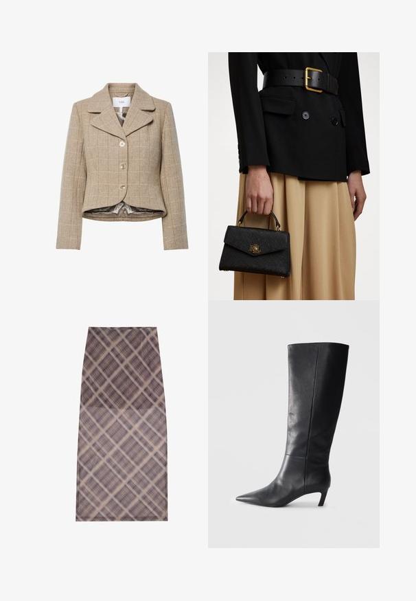 Blazer en pied-de-poule beige avec un col cranté, cinq boutons et un ourlet asymétrique. Doublé d'un tissu lisse de couleur neutre.; Pull noir à manches longues avec col rond, doté de bords côtelés aux poignets et à l'ourlet, présenté sur un fond blanc.; Une jupe longueur genou en tissu léger et transparent avec un motif à carreaux dans des tons de marron et de crème, texture lisse et bords nets.; Botte noire en cuir jusqu'au genou avec un bout pointu, un design structuré et un talon modeste. Texture lisse, détails de couture minimalistes.; Sac à main noir structuré avec une finition texturée, quincaillerie dorée et une poignée supérieure. Porté avec un blazer noir et une jupe beige.