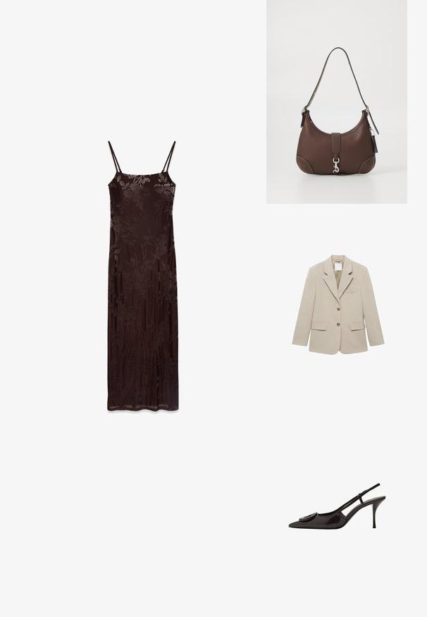 Beige blazer lavet af et glat stof. Har en spids revers, to frontlommer og to knapper. Rene linjer og struktureret design.; Lang, ærmeløs kjole i mørkebrunt stof med blomstermønster. Har tynde stropper og en tætsiddende silhuet, glat tekstur og flydende design.; Sort patenteret læder slingback sko med spids tå, minimalistisk design, lille cirkulært pynt på vampskindsdelen og slank hæl.; Brun læderhåndtaske med en rund form, sølv hardware og dekorativt syning. Har skulderrem og spændeåbning.