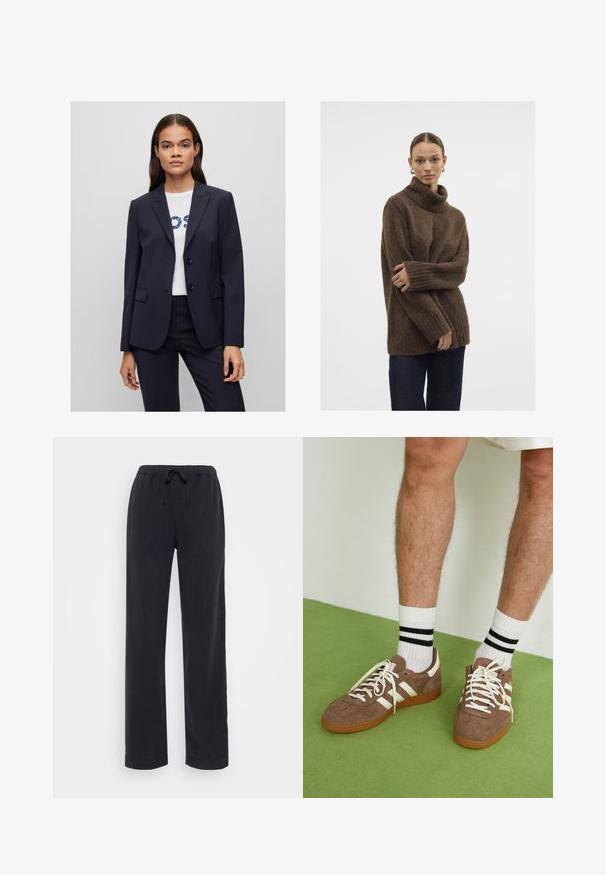 Tumesinine bleiser, kohandatud disainiga, millel on sakilised klapid, kaks esikäe taskut ja kaks nuppu, kantud valge särk üle, millel on sinine kiri.; Pruunist kudumist kõrge kaelusega kampsunist, millel on soonikuga mansetid ja alläär; pehme tekstuur; vaba lõige; kergelt lõtv siluett. Mudel kannab tumedaid teksaseid.; Mustad, lahtised puuvillased püksid, millel on elastne vöökoht ja reguleeritav nöör. Sirge jala disain, ilma nähtavate taskute või kaunistusteta.; Prune nahkkingad valgete aktsentide ja paeltega. Kummikummist tallad. Kandu valgeid sokke mustade triipudega. Roheline tekstuuriga põrand.