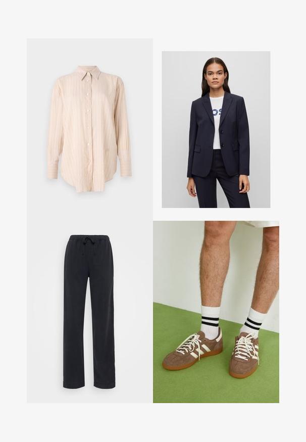 Džinsinis švarkas su pritaikytu dizainu, turintis įpjautą atvartą, dvi priekinės kišenes ir dvi sagas, uždėtas ant baltos marškinių su mėlyna užrašu.; Šviesiai smėlinis marškinėlių mygtukais užsegimas su ilgomis rankovėmis, su plonomis vertikaliomis juostelėmis ir klasikinėmis apykaklėmis. Pagaminta iš lygaus, minkšto audinio.; Juodi, laisvi, medvilniniai kelnių su elastinga juosta ir reguliuojamu raišteliu. Tiesūs šlaunies dizainai, be matomų kišenių ar papuošimų.; Rudoni veršiai sportbačiai su baltais akcentais ir raišteliais. Gumos padu. Dėvimi su baltais kojinėmis, turinčiomis juodas juostas. Žalios tekstūruotos grindys.