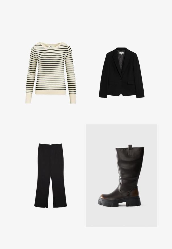 Svart blazer i skräddarsytt tyg, med en enkel knappstängning, två framfickor och slagkrage. Slät innervävd.; Randig tröja i krämfärgat och marinblått som har en vid halsringning, långa ärmar, texturerat material och dekorativa axelknappar.; Svarta byxor med rak passform, utrustade med framfickor och sidoklyvningar vid fållen. Tillverkade av mjukt, slätt tyg. Lämpliga för olika tillfällen.; Hög svart läderstövel med kraftig svart plattformssula och brunt accent vid hälen, sidovy på ljusgrå bakgrund.