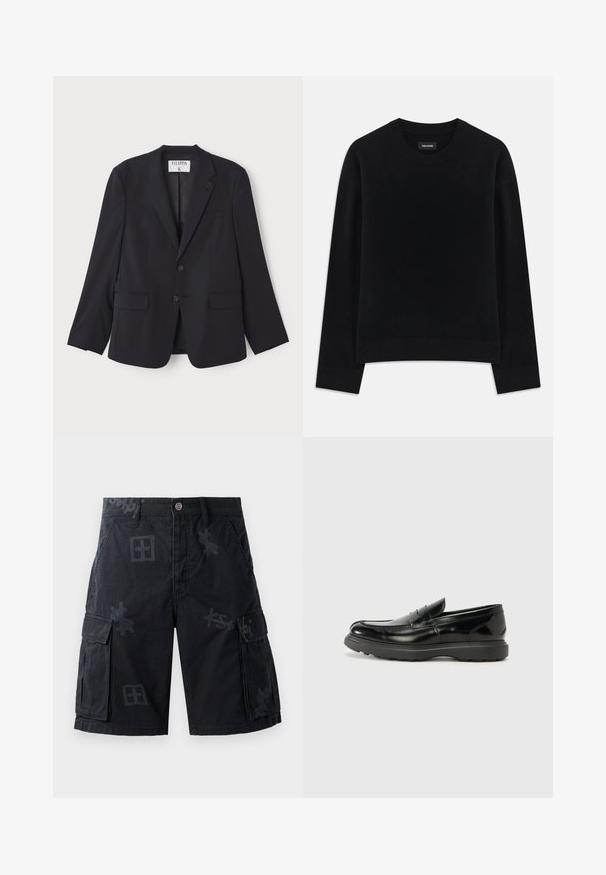 Námornícky blejzer so priliehavým strihom, ktorý má dve predné vrecká, klopové golier a dva gombíky. Vyrobený z jemnej, ľahkej tkaniny.; Čierny sveter vyrobený z mäkkej látky, s okrúhlym výstrihom, dlhými rukávmi, uvoľneným strihom a rebrovaným lemom. Jednoduchý, jednofarebný dizajn bez vzorov.; Čierne cargo šortky so štyrmi bočnými vreckami, zapínaním na gombík a tón v tóne grafickými vzormi. Vyrobené z textúrovaného materiálu.; Čierne kožené mokasíny s lesklým povrchom, okrúhlou špicou, subtilnými švami a hrubou gumovou podrážkou pre zvýšenú odolnosť.