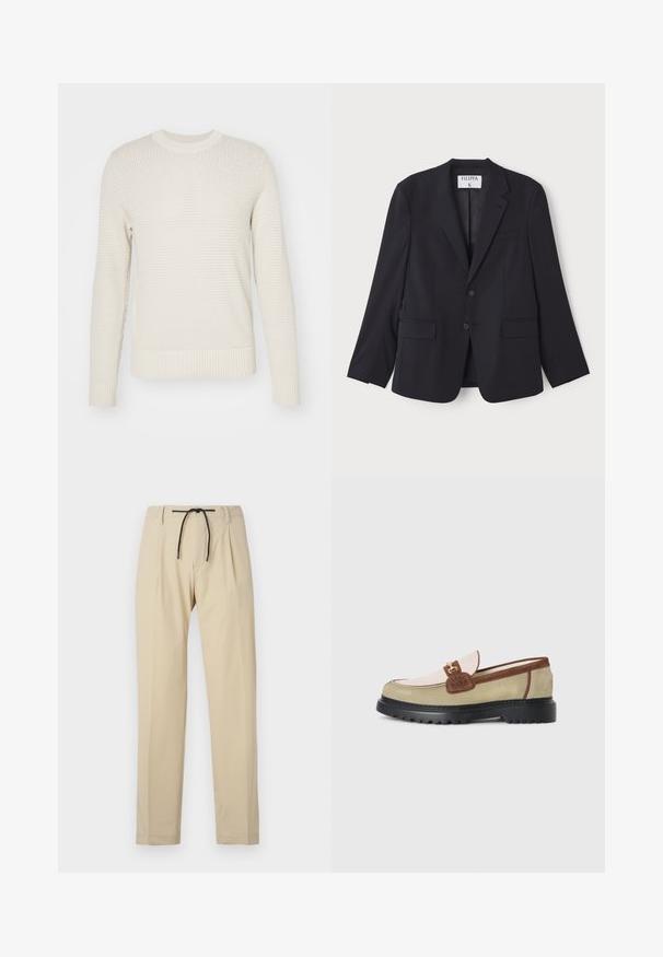 Marineblazer med en figursydd design som har to frontlommer, spiss revers og to knapper. Laget av glatt, lett stoff.; J.LINDEBERG OLIVER STRUCTURE - Strikkegenser - moonbeam; Beige bukser med lige pasform, som har snørelukking i livet, plisseret foran og en glat tekstur. Enkel, alsidig design.; Loafer med beige, lys rosa og brune semskede paneler, gullfarget metallbuckle detalj, og tykk svart gummisåle med mønster.