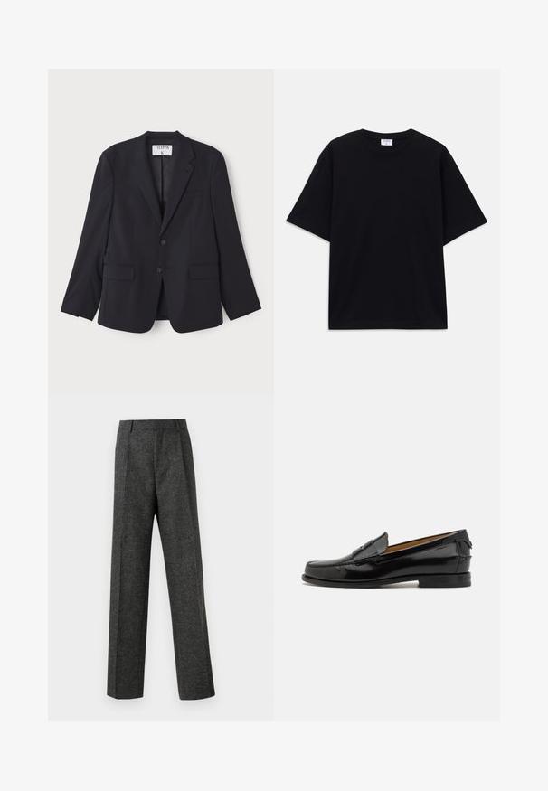 Marineblazer mit tailliertem Design, zwei vorderen Taschen, Reverskragen und zwei Knöpfen. Hergestellt aus glattem, leichtem Stoff.; Schwarzes, oversized T-Shirt mit kurzen Ärmeln und rundem Ausschnitt, mit sichtbarem Filippa K Markenlabel im Kragen.; Graue maßgeschneiderte Hose aus strukturiertem Stoff, mit zwei vorderen Falten und geradem Bein. Keine sichtbaren Taschen oder Verzierungen.; Bally CHARLEX - Business-Slipper - black