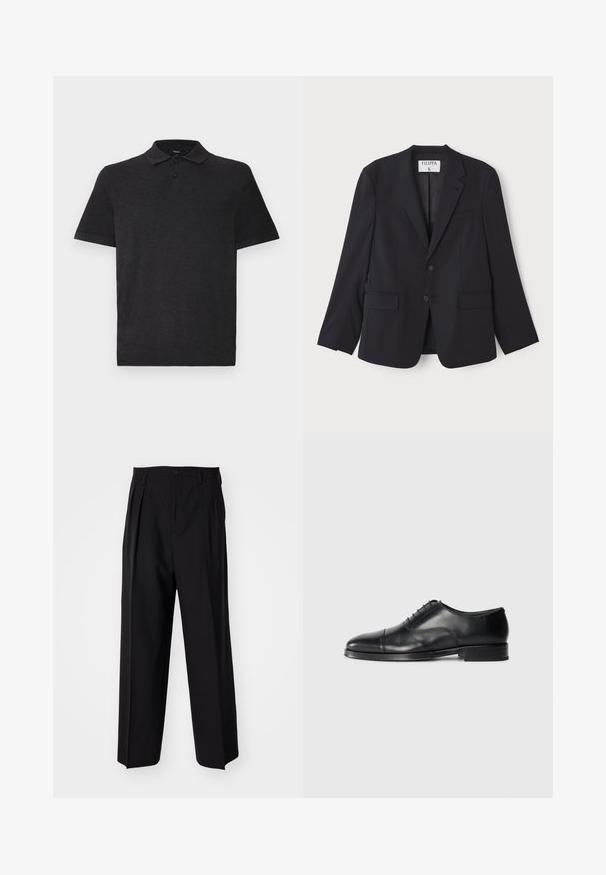Námornícky blejzer so priliehavým strihom, ktorý má dve predné vrecká, klopové golier a dva gombíky. Vyrobený z jemnej, ľahkej tkaniny.; Čierne polo tričko z hladkého materiálu, s klasickým golierom a trojbuttonovou légou. Krátke rukávy s voľným strihom.; Čierne skladané nohavice s rovnom, širokým strihom. Vyrobené z hladkého materiálu, s gombíkovým zapínaním a pútkami na opasok.; Čierne kožené formálne topánky s zaoblenou špičkou, hladkým povrchom, šnurovacími detailmi a jemným švom, s nízkym, plochým podpätkom.