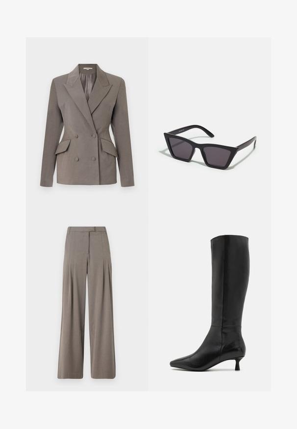 Dvigubos krūtinės pilkas švarkas su satino pamušalu, su smailiais apykakle, dviem priekinėmis kišenėmis ir dviem mygtukais. Prigludusi išvaizda su struktūruotais petimis.; Juodas aukštas megztinis su ilgomis rankovėmis, trumpinta forma, megztos tekstūros ir prigludusiomis rankovėmis. Paprasta, vientisa spalva be raštų.; Šviesiai rudos medžiagos plačių kojų kelnės, turinčios raukšlių, lygų priekį ir švarų kraštą. Lygus paviršius su subtiliu blizgesiu.; Zign Batai - black; Juodos, kampuotos saulės akinios su pilkais stiklais; pagaminti iš plastiko, su storomis šakėmis, turinčiomis lygų paviršių ir be matomų detalių.