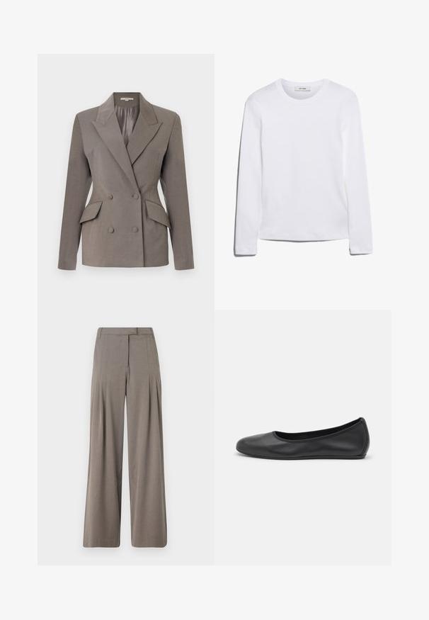 Hallist topeltkootud bleiser satiinvoodriga, terava kraega, kahe esickotiga ja kahe nupuga sulgemisega. Kohandatud lõige struktureeritud õlgadega.; Pikkade varrukatega valge T-särk, mis on valmistatud ribakujulisest puuvillast, ümmarguse kaeluse ja sirge hemiga. Lihtne disain ilma mustrite või aktsentideta.; Laiad püksid heleses pruunis kangas, millel on voldid, sirge esiosa ja puhas ääreline. Sile tekstuur, millel on peen sära.; Musthave mustika tantsutossud mustast nahast, ümmarguse varbaga, siledast tekstuurist, minimaalse õmblusdetailiga ja paindliku tallakujundusega.