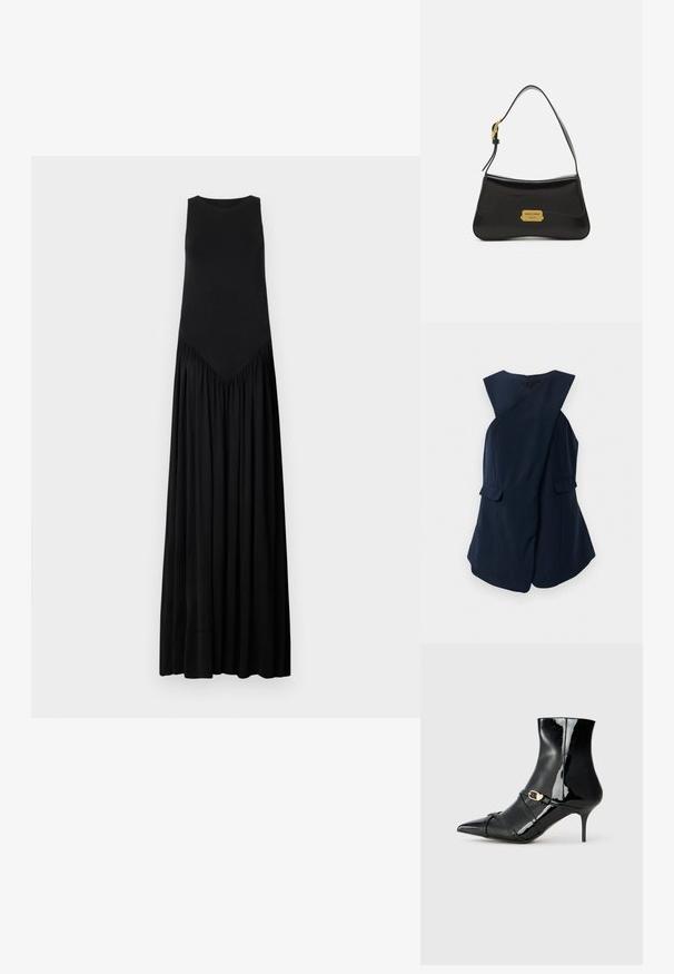 Navy sininen ilman hiuksia oleva mekko, jossa on kietaisumalli ja kaksi läppätaskua, esitetty valkoista taustaa vasten.; Musta hihaton maksimekko, jossa on tiukka yläosa, V-muotoinen sauma vyötäröllä ja virtaava kerätty helma. Su smooth rakenne.; Mustat lakatut nilkkurit, joissa on terävä kärki, hoikka korko ja kaksi ohutta remmiä kultaisella soljella. Sileä, kiiltävä pinta.; Musta nahkainen käsilaukku, jossa on kaareva muotoilu, kultainen logo-kilpi aksenttina ja ohut olkahihna. Sujuva pinta ja tyylikäs viimeistely.