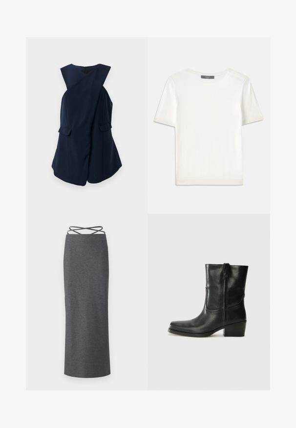 Haljina bez rukava u tamnoplavoj boji s plaštastim prednjim dijelom i dva džepa s preklopima, prikazana na bijeloj pozadini.; Bijela kratkotrajna pletena majica s kratkim rukavima i okruglim izrezom, koja se odlikuje glatkom teksturom i suptilnim rebrastim detaljima na rukavima i rubu.; Siva midi suknja napravljena od mekanog, rastezljivog materijala. Ima ravnu siluetu i uvrnute naramenice u struku za sigurno pristajanje.; Crne kožne čizme do članaka s okruglim vrhom, blok potpeticom, bočnim patentnim zatvaračem i detaljima od šavova na gornjem dijelu. Glatka tekstura, klasičan dizajn.