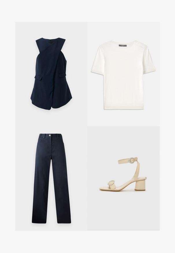 Ærmeløs navy blue kjole med indpakningsdesign og to klaplommer, præsenteret mod en hvid baggrund.; Hvid kortærmet strikbluse med rund halsudskæring, der har en glat tekstur og subtile ribbede detaljer ved ærmerne og kanten.; Mørkeblå bukser med lige ben-design, lavet af glat stof. Har forlommer, knaplukning og subtile syninger.; Beige højhælede sandaler med et minimalistisk design, der har to cirkulære detaljer og en kraftig hæl. Fremstillet af glat læder.