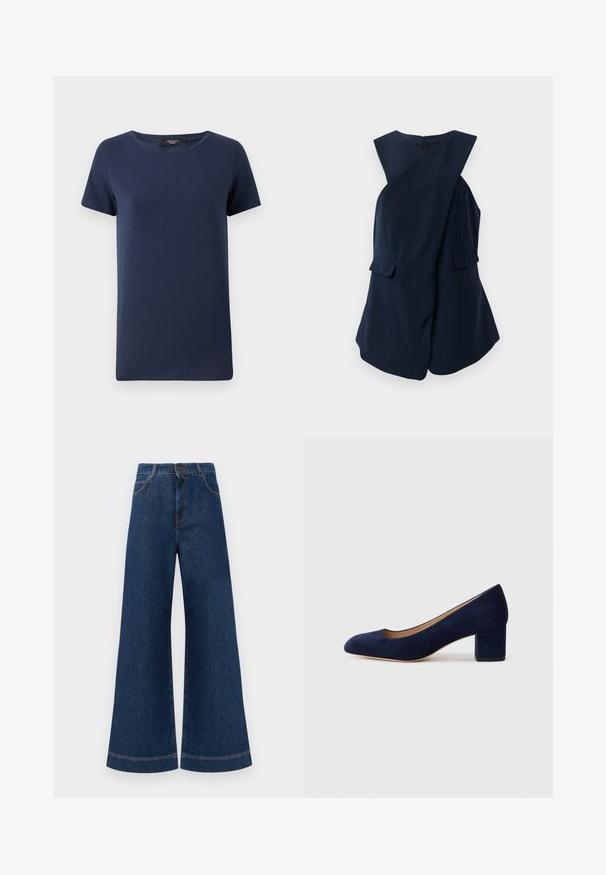 Robe sans manches bleu marine avec un design en portefeuille et deux poches à rabat, présentée sur un fond blanc.; T-shirt bleu marine à manches courtes en mélange de coton doux, avec un col rond classique et une coupe décontractée, sans motifs ni accents visibles.; Jeans en denim bleu à taille haute et jambes larges, avec une fermeture à bouton, des passants de ceinture et des détails de couture subtils le long des poches et des ourlets.; Escarpin en daim bleu marine avec un bout pointu et un talon bloc de hauteur intermédiaire. Texture lisse avec un subtil éclat et une petite découpe à l'avant.