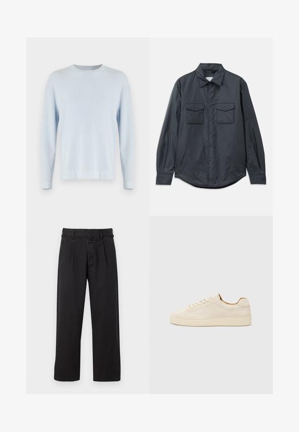 Czarna szaro długa koszula z długim rękawem, uszyta z gładkiego materiału, z wyrazistym kołnierzykiem, dwiema kieszeniami na piersi oraz zapięciem na guziki z przodu.; Jasnoniebieski sweter z prążkowanej dzianiny, z okrągłym dekoltem, długimi rękawami i prostym dołem. Teksturowany materiał o miękkim wyglądzie.; Czarne bawełniane spodnie o prostym kroju, z plisowanym przodem, paskami na pasek i zapięciem na guzik. Gładka tekstura bez wzorów.; Beżowe zamszowe trampki o niskim profilu, okrągłym nosku, płaskich sznurówkach i teksturowanej gumowej podeszwie. Minimalistyczny styl bez widocznych logo.