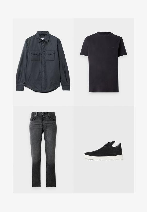 Dark gray long-sleeve shirt made of smooth fabric featuring a pointed collar, two chest pockets, and button closure down the front.; Black cotton t-shirt with a crew neck, short sleeves, and embossed logo detail on the chest. Smooth texture, relaxed fit.; Black denim jeans with a straight cut, five-pocket design, and subtle fade. Features a button closure and belt loops. Smooth texture.; Black suede sneaker with a white rubber sole, featuring tonal stitching and lace-up design. Smooth texture with a modern, streamlined shape.