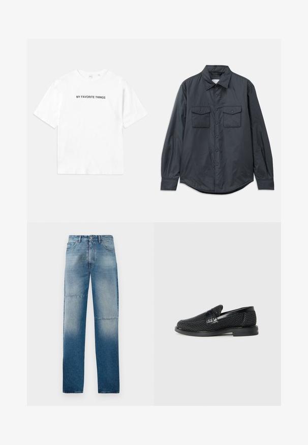 Tamno siva majica dugih rukava od glatkog materijala s istaknutim kragnom, dva džepa na prsima i dugmadima sprijeda.; Bijela pamučna majica kratkih rukava s okruglim izrezom, s natpisom "MOJE OMILJENE STVARI" ispisanim crnom bojom sprijeda i straga.; Svijetloplave traperice s ravnim nogavicama, izblijeđene oprane i s dva vodoravna šava. Ima pet džepova i kopčanje na gumb.; Crne pletene cipele bez pertli s glatkim kožnim naglaskom na gornjem dijelu, s dizajnom okruglog nosa i niskoprofilnom gumenom đonom.