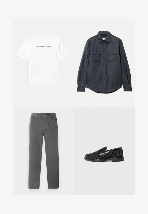 Sötétszürke, hosszú ujjú ing sima anyagból, hegyes gallérral, két mellzsebbel és gombos záródással az elején.; Fehér pamut póló, rövid ujjakkal és kerek nyakkal, az elülső és a hátsó oldalon fekete betűkkel a "KEDVENC DOLGAIM" felirattal.; Szürke kordbársony nadrág egyenes szabással, két elülső zsebbel, gombos záródással és textured függőleges bordákkal.; Fekete szőtt slip-on cipő sima bőr díszítéssel a felsőrészen, kerek orral és alacsony profilos gumitalppal.