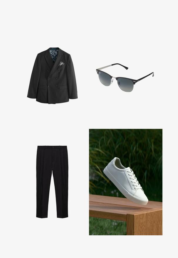 Musta kaksirivinen puku takki, joka on valmistettu sileästä kankaasta. Takissa on kukkakuosiset vuori ja erottuva taskuliina.; Valkoinen pitkähihainen paita, joka on valmistettu sileästä kankaasta. Paidassa on kapea levitetty kaulus, napitus edessä ja yksittäiset napit hihansuissa.; Mustat räätälöidyt housut, joissa on vyölenkit, edessä nappi- ja vetoketjusuljin, laskokset ja käänteet lahkeissa.; Valkoiset nauhalla kiinnitettävät lenkkarit leijuvat puupenkillä, taustalla vihreää kasvillisuutta, tuoden esiin kengän muotoilua ja pintarakennetta.; Mustat ja hopeiset aurinkolasit, joissa on kissansilmämuoto, gradientti linssit ja metalliset yksityiskohdat kehysissä. Muoviset sangan päät harmaat.; Vaaleanbeige kudottu solmio, jossa on teksturoitu kuvio. Päädyt on vuorattu raidoitetulla kankaalla, jossa on vaaleampia ja tummempia vaakaraidoituksia.