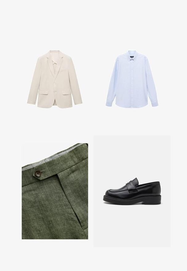 Sacou bej deschis dintr-un material neted, având un design cu un singur buton, rever tip notch și două buzunare frontale.; Cămașă cu mâneci lungi de un albastru deschis, cu guler clasic, tiv drept și o textură subtilă. Prezintă un închidere centrală cu nasturi.; Pantaloni din in de culoare verde măslin, cu pliu frontal, dotati cu închidere cu nasture și căptușeală cu un model în carouri contrastant la talie.; Mocasini negri din piele cu vârf rotunjit, cusături decorative pe partea din față și o talpă groasă din cauciuc. Textură netedă cu un finisaj lustruit.