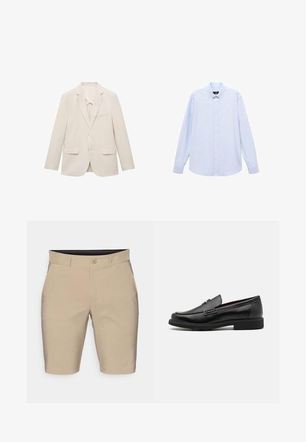 Vaaleanbeige pikkutakki, joka on valmistettu sileästä kankaasta. Takissa on yksirivinen malli, leikattu kaulus ja kaksi etutaskua.; Vaaleansininen pitkähihainen nappipaita klassisella kauluksella, suora helma ja hienovarainen rakenne. Keskellä nappisuljenta.; Harmaat shorts, jotka on valmistettu puuvillasekoitekankaasta. Ominaisuuksiin kuuluvat napitus, vyölenkit ja suorat helmat. Ei näkyviä kuvioita tai koristeita.; Musta keinotekoinen mokka, jossa on korostettu ommeltu etuosa, pehmeä sisäpohja ja litteä kumipohja; tyylikäs muotoilu, jossa on vähäistä yksityiskohtaisuutta.