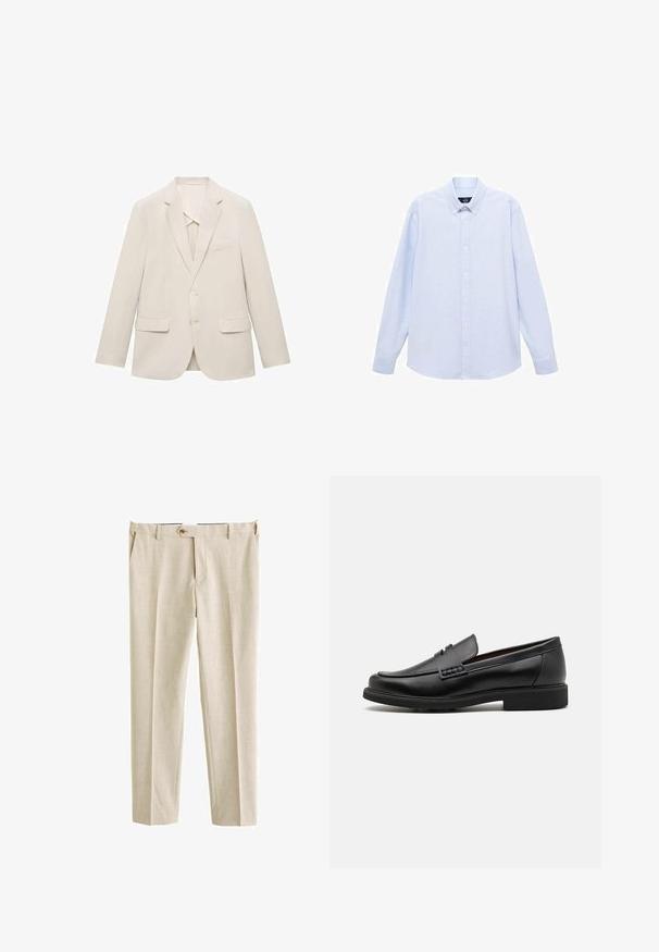 Ljusbeige kavaj i slät tyg, med enkelknappad design, snedskurna slag och två framfickor.; Ljusblå långärmad skjorta med knappar och klassisk krage, rak fåll och subtil textur. Har en central knäppning.; Beige byxor gjorda av ett texturerat tyg, med en standard midja, framtillitsar och enstaka knäppning.; Svart syntetiska loafers med en framträdande söm på framsidan, vadderad sula och platt gummiyttersula; elegant design med minimalt detaljerad.