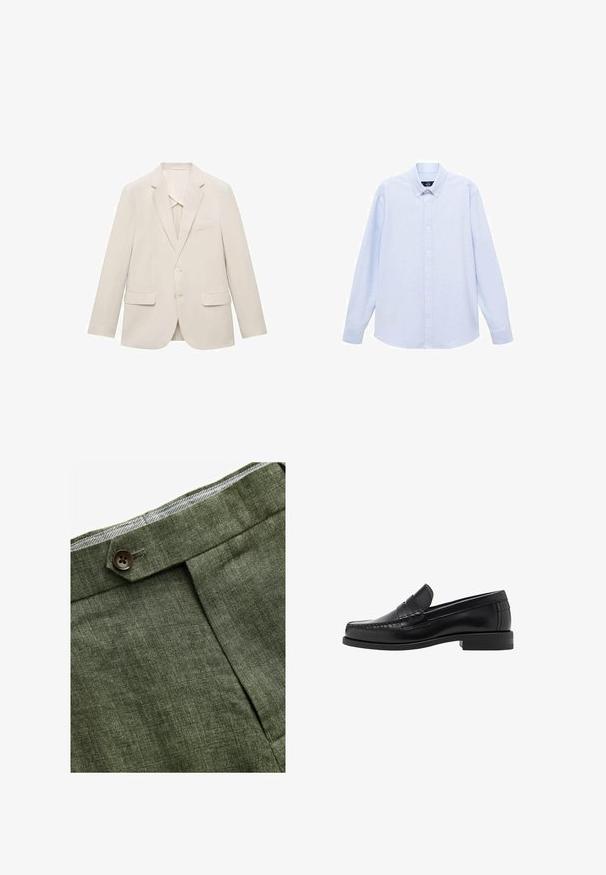 Giacca da uomo beige chiaro realizzata in tessuto liscio, caratterizzata da un design a un petto, rever a inversione e due tasche frontali.; Camicia azzurra a maniche lunghe con colletto classico, orlo dritto e una trama sottile. Presenta una chiusura centrale con bottoni.; Pantaloni in lino verde oliva con piega frontale, dotati di chiusura con bottone e una fodera a quadretti a contrasto nella cintura.; Mocassini in pelle nera con una finitura liscia, dettagli cuciti sulla punta e un design a tacco basso per comfort e stile.