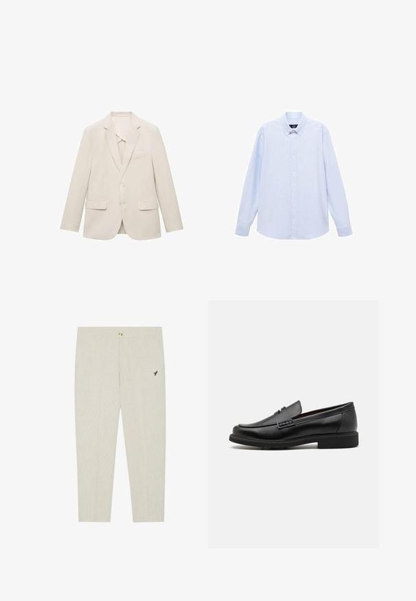 Giacca da uomo beige chiaro realizzata in tessuto liscio, caratterizzata da un design a un petto, rever a inversione e due tasche frontali.; Camicia azzurra a maniche lunghe con colletto classico, orlo dritto e una trama sottile. Presenta una chiusura centrale con bottoni.; Pantaloni beige chiari su misura con una sottile texture, dotati di chiusura a bottone e di un emblema scuro ricamato vicino alla tasca.; Mocassini sintetici neri con una spessa cucitura frontale, soletta imbottita e suola piatta in gomma; design elegante con dettagli minimi.